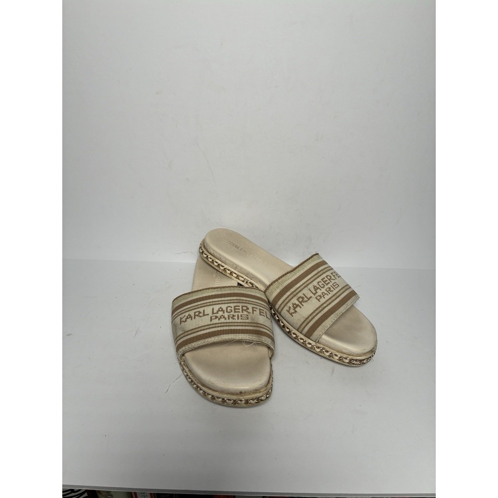 Karl Lagerfeld Paris Women's Slide Sandals Tan Brown Logo Band Espadrille  US 7M